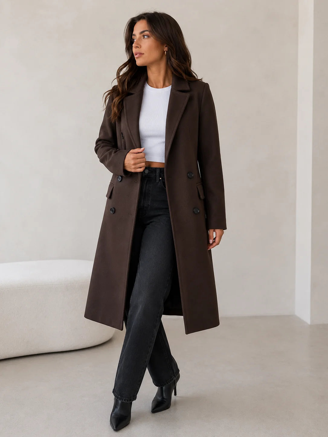 Double breasted coat women – Dark Brown