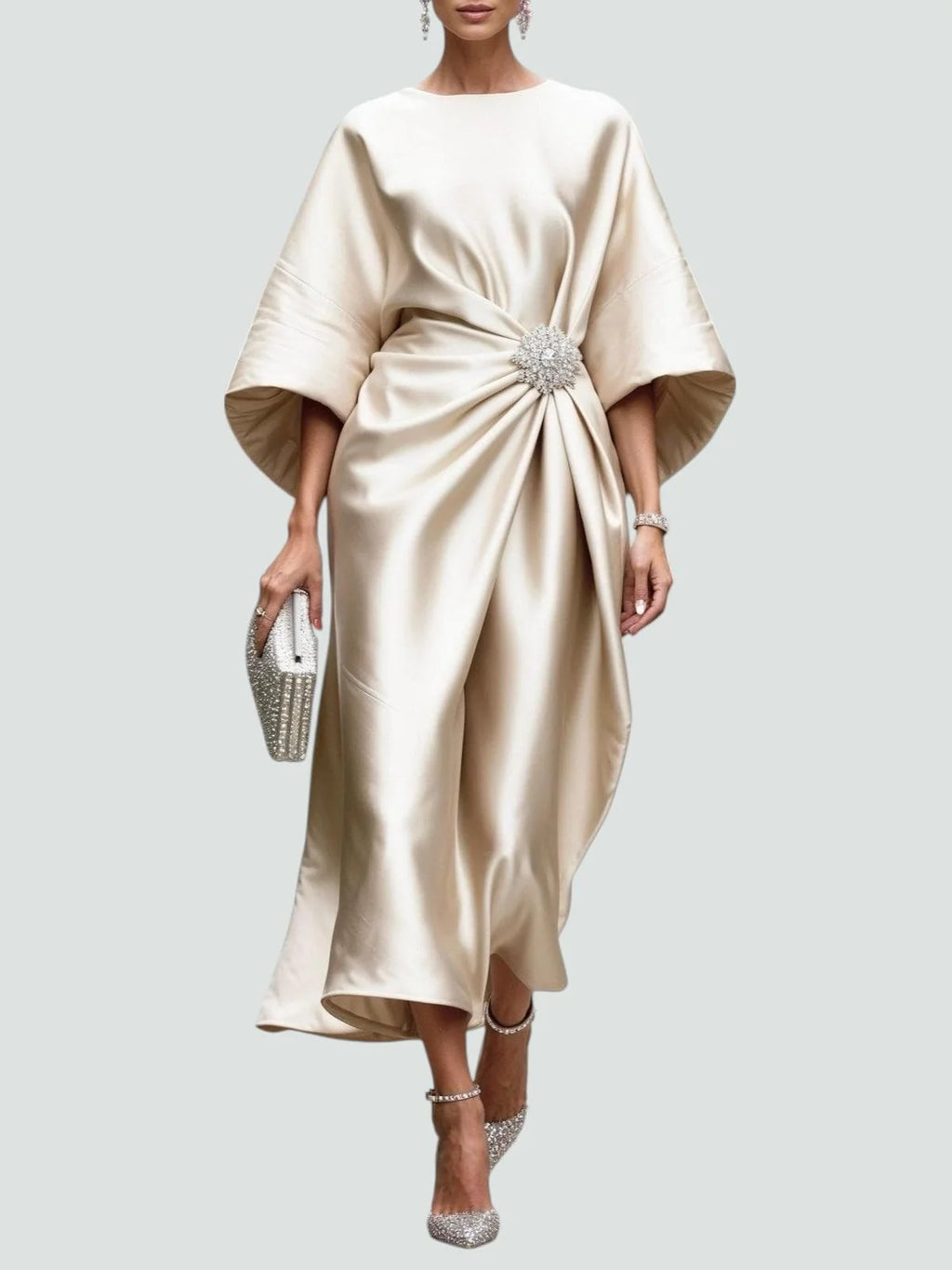 Draped Cape Sleeve Formal Maxi Dress