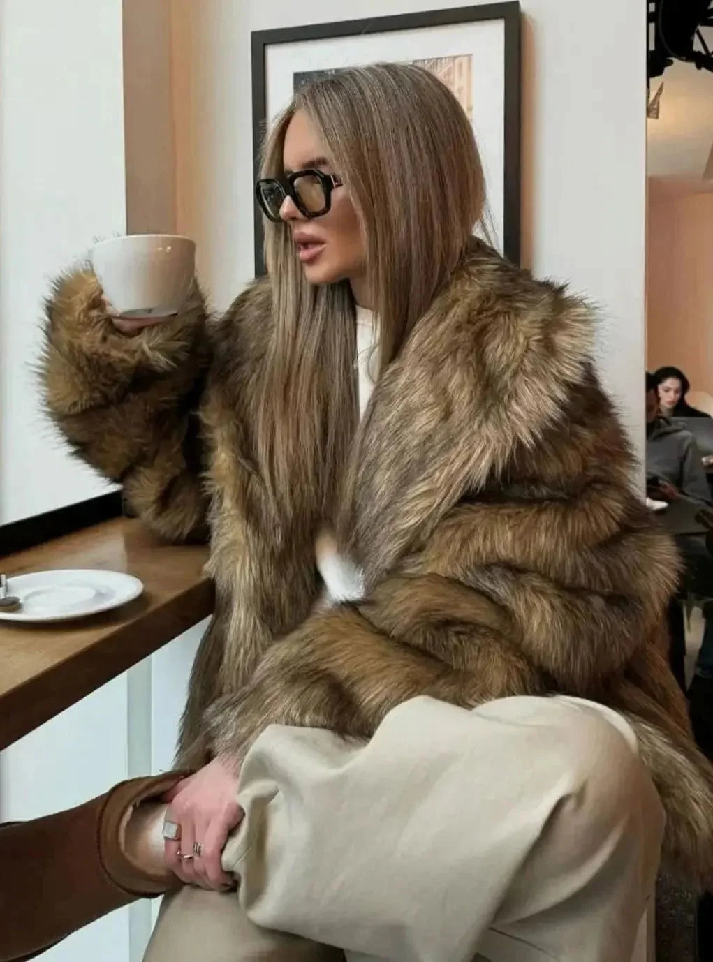 Faux Fur Coat – Brown Long Sleeve Fluffy Fur Coat