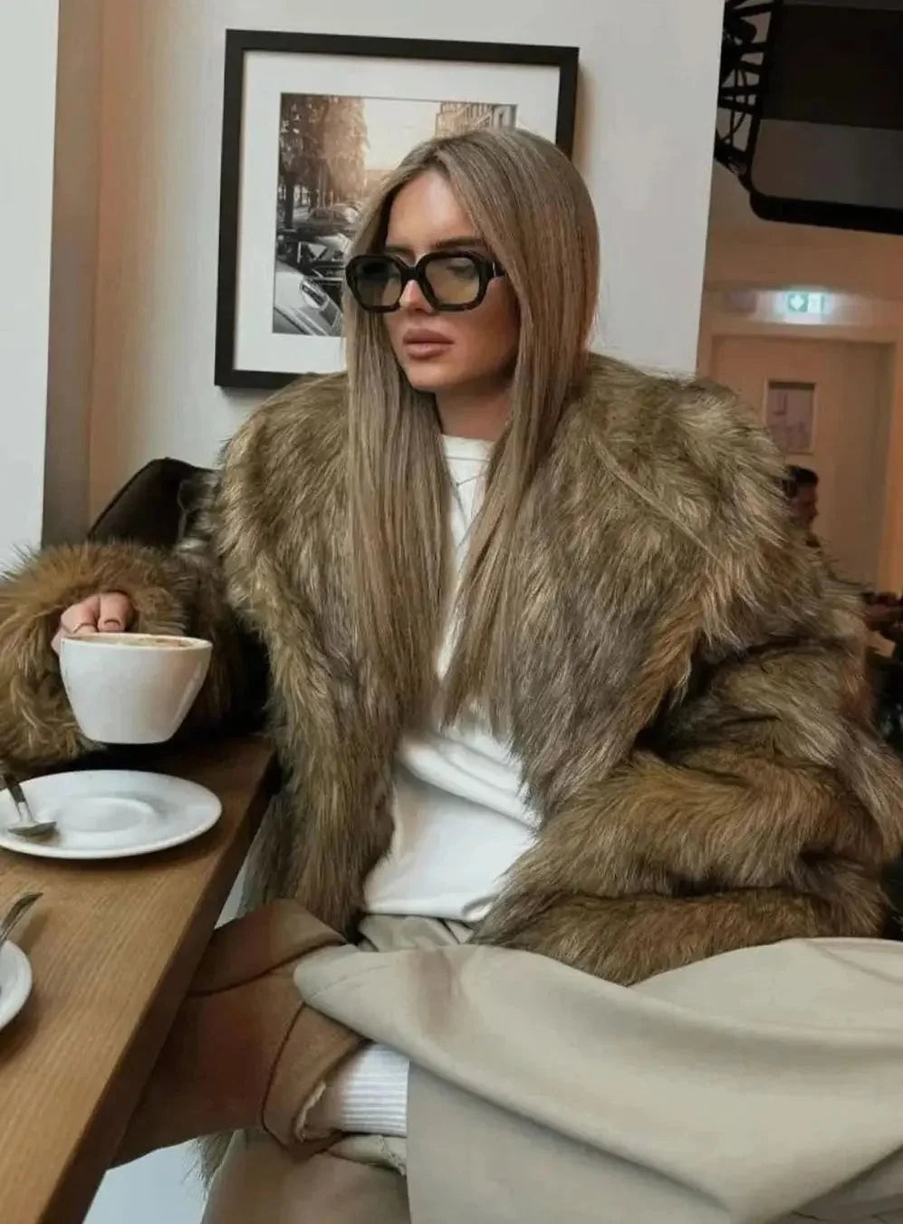 Faux Fur Coat – Brown Long Sleeve Fluffy Fur Coat