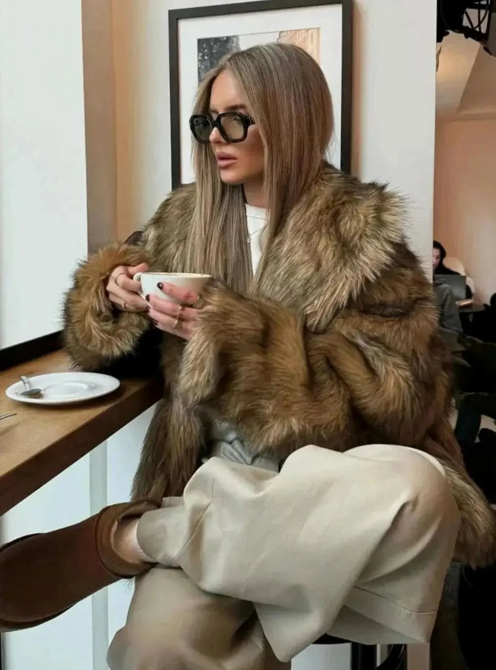 Faux Fur Coat – Brown Long Sleeve Fluffy Fur Coat