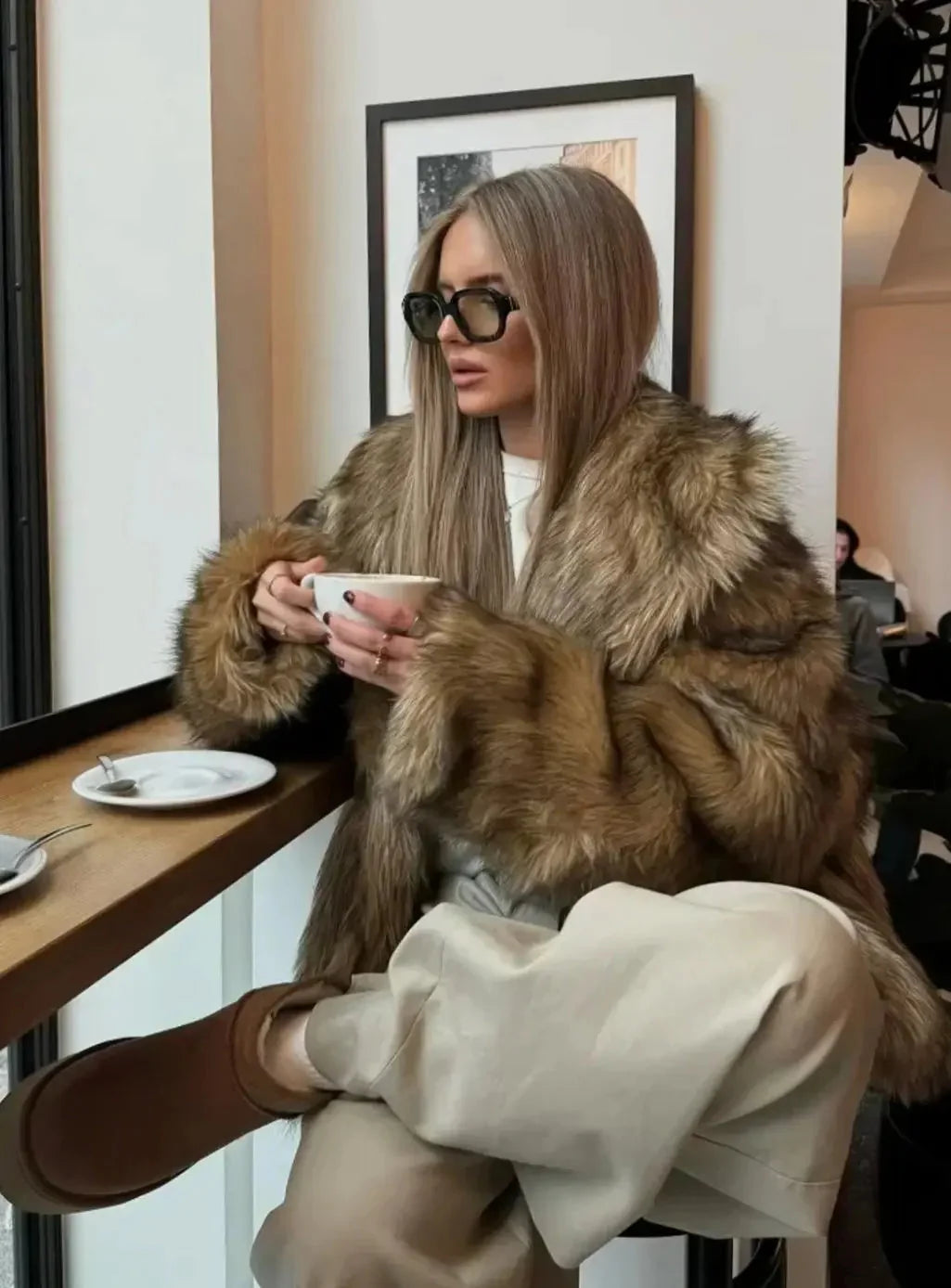 Faux Fur Coat – Brown Long Sleeve Fluffy Fur Coat