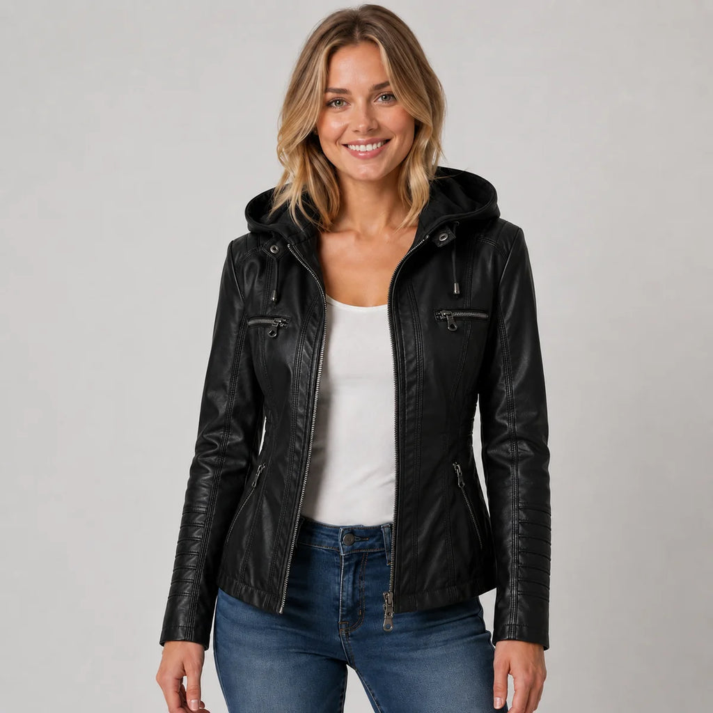 Faux Leather Hooded Zip Up Jacket
