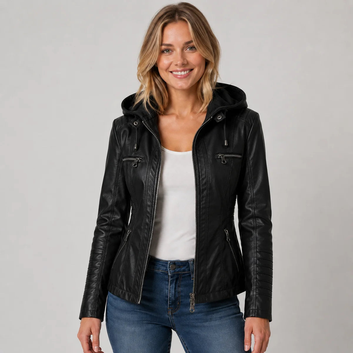 Faux Leather Hooded Zip Up Jacket