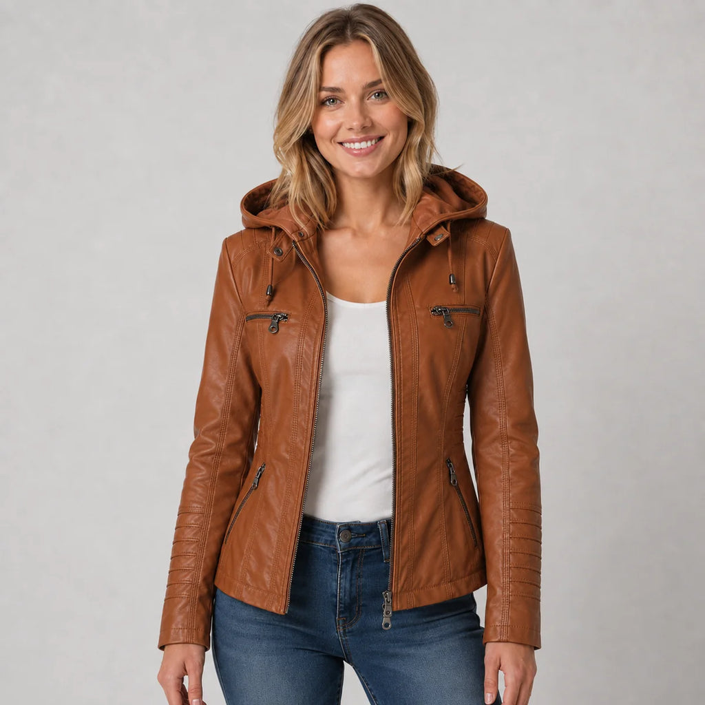Faux Leather Hooded Zip Up Jacket