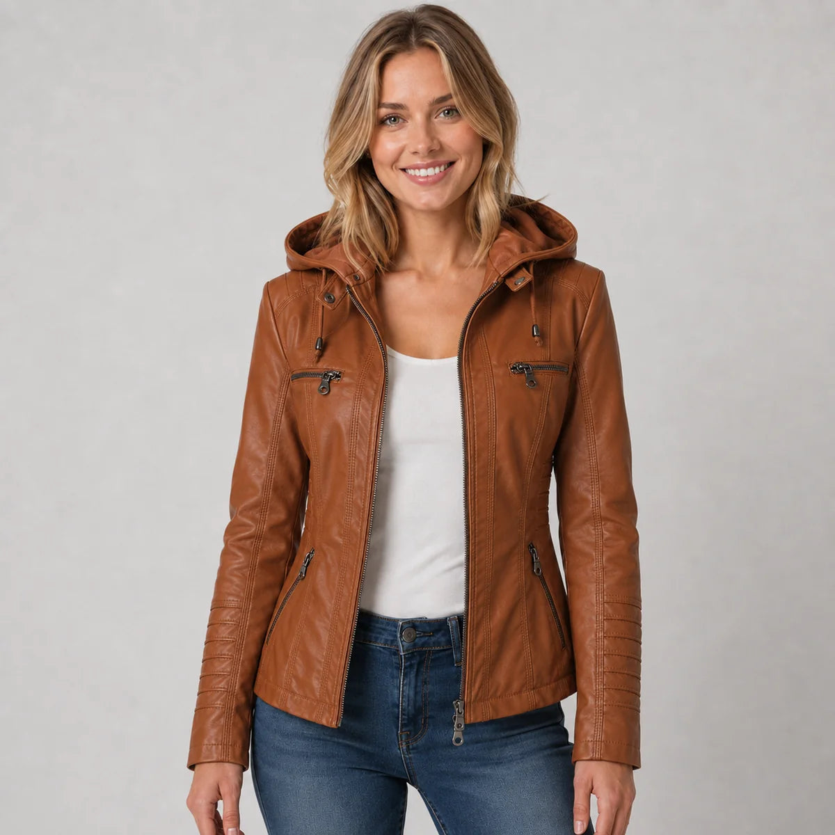 Faux Leather Hooded Zip Up Jacket