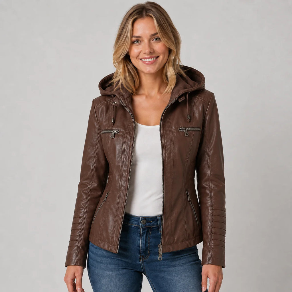 Faux Leather Hooded Zip Up Jacket
