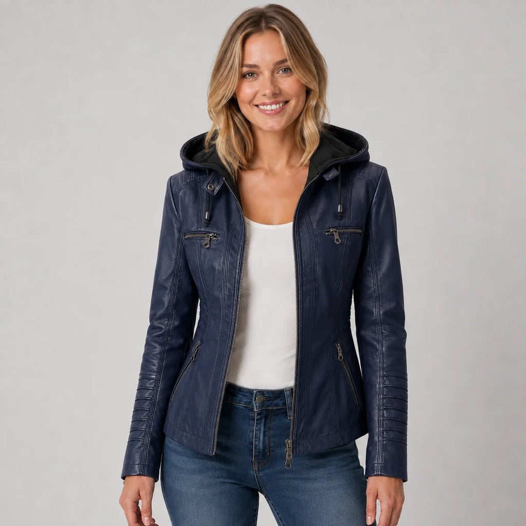 Faux Leather Hooded Zip Up Jacket