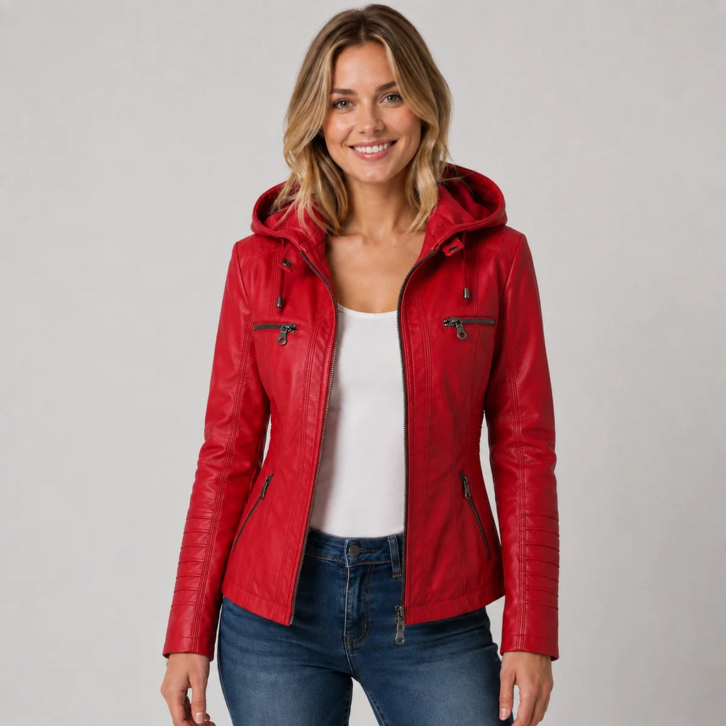 Faux Leather Hooded Zip Up Jacket