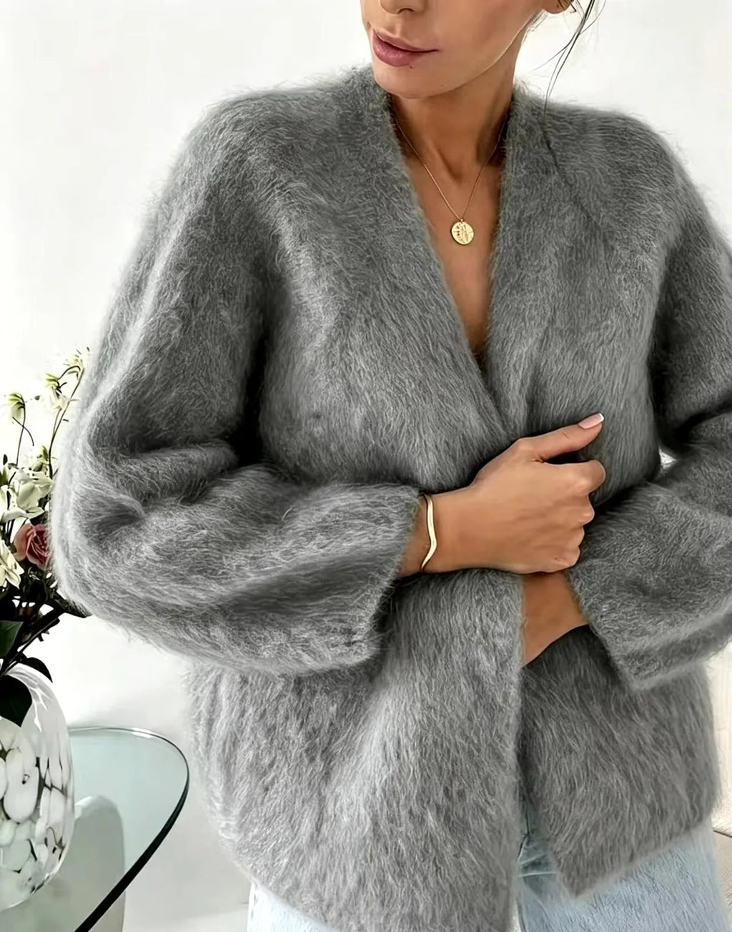 Fuzzy Cardigan – Khaki Oversized Mohair Look Cardigan Sweater