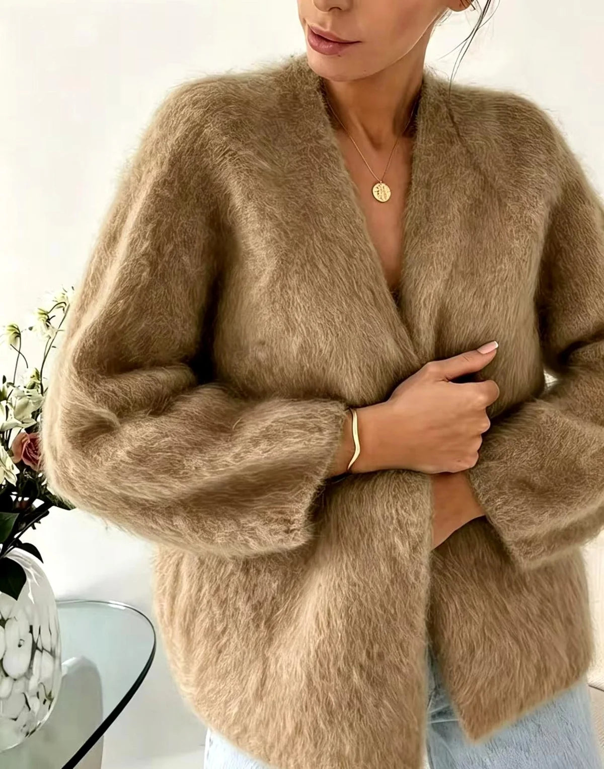 Fuzzy Cardigan – Khaki Oversized Mohair Look Cardigan Sweater