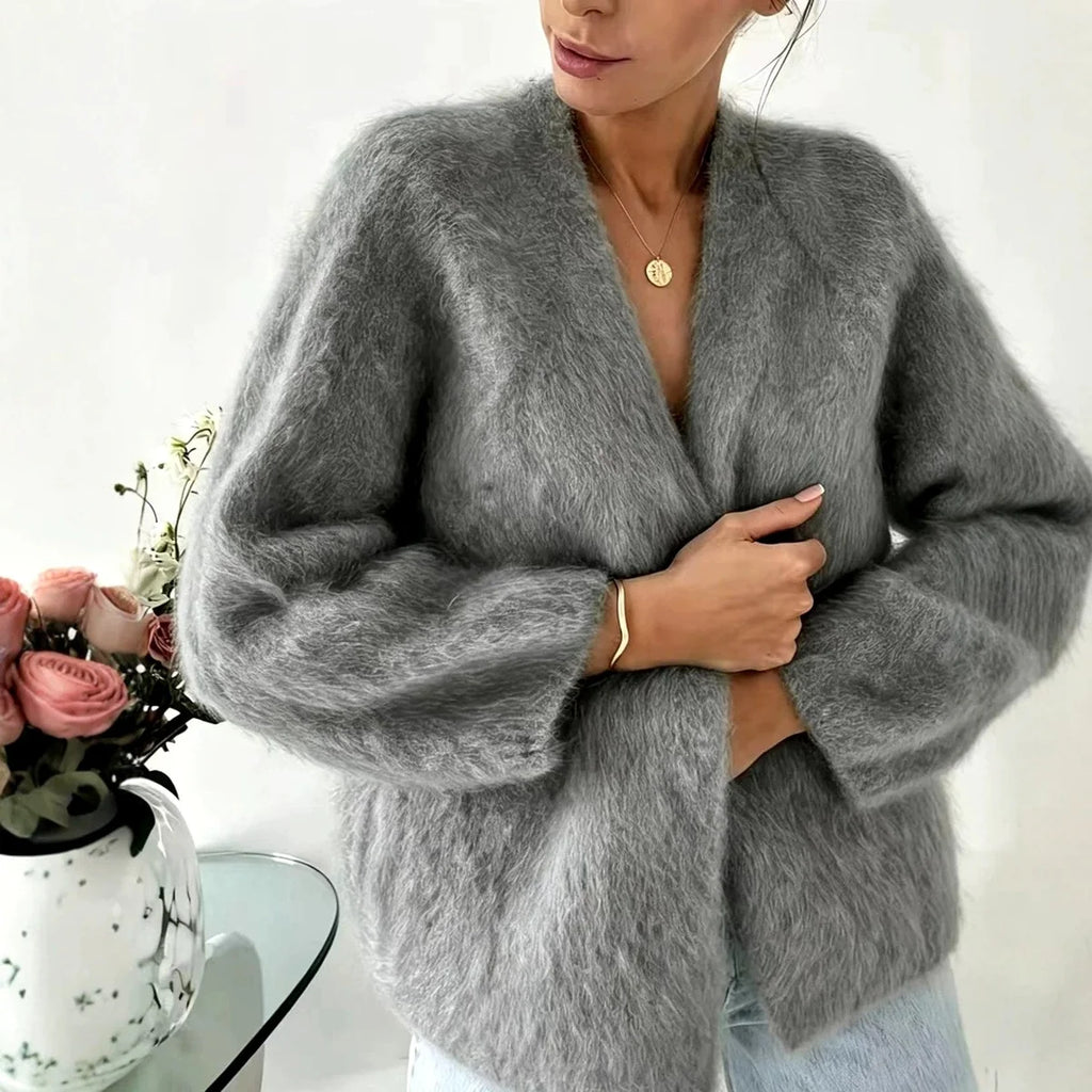 Fuzzy Cardigan – Khaki Oversized Mohair Look Cardigan Sweater