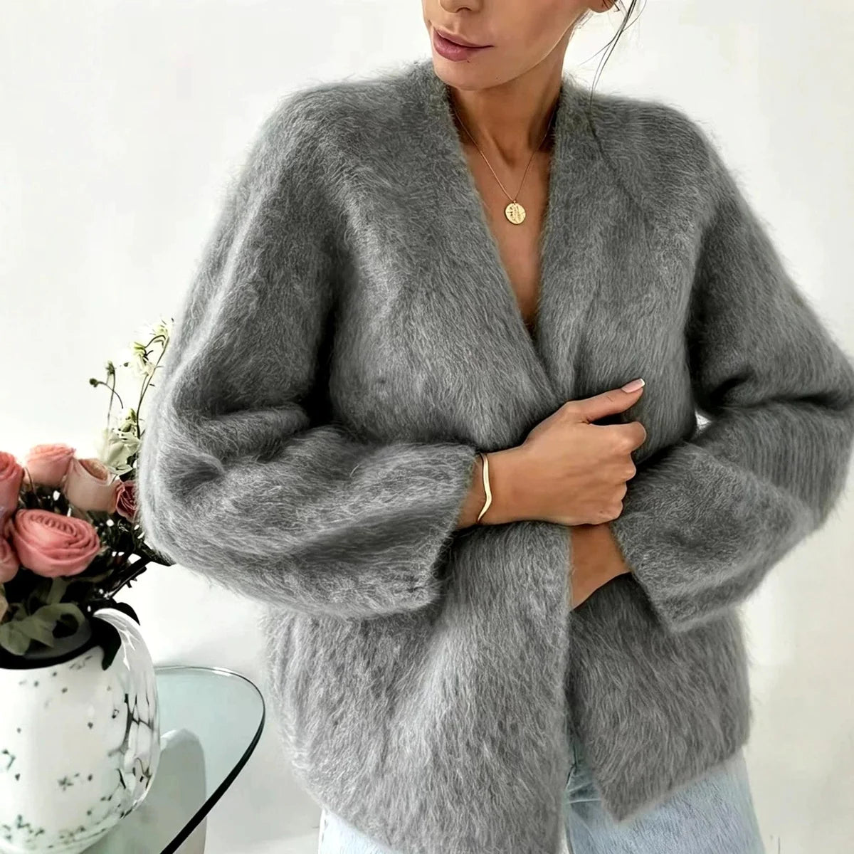 Fuzzy Cardigan – Khaki Oversized Mohair Look Cardigan Sweater