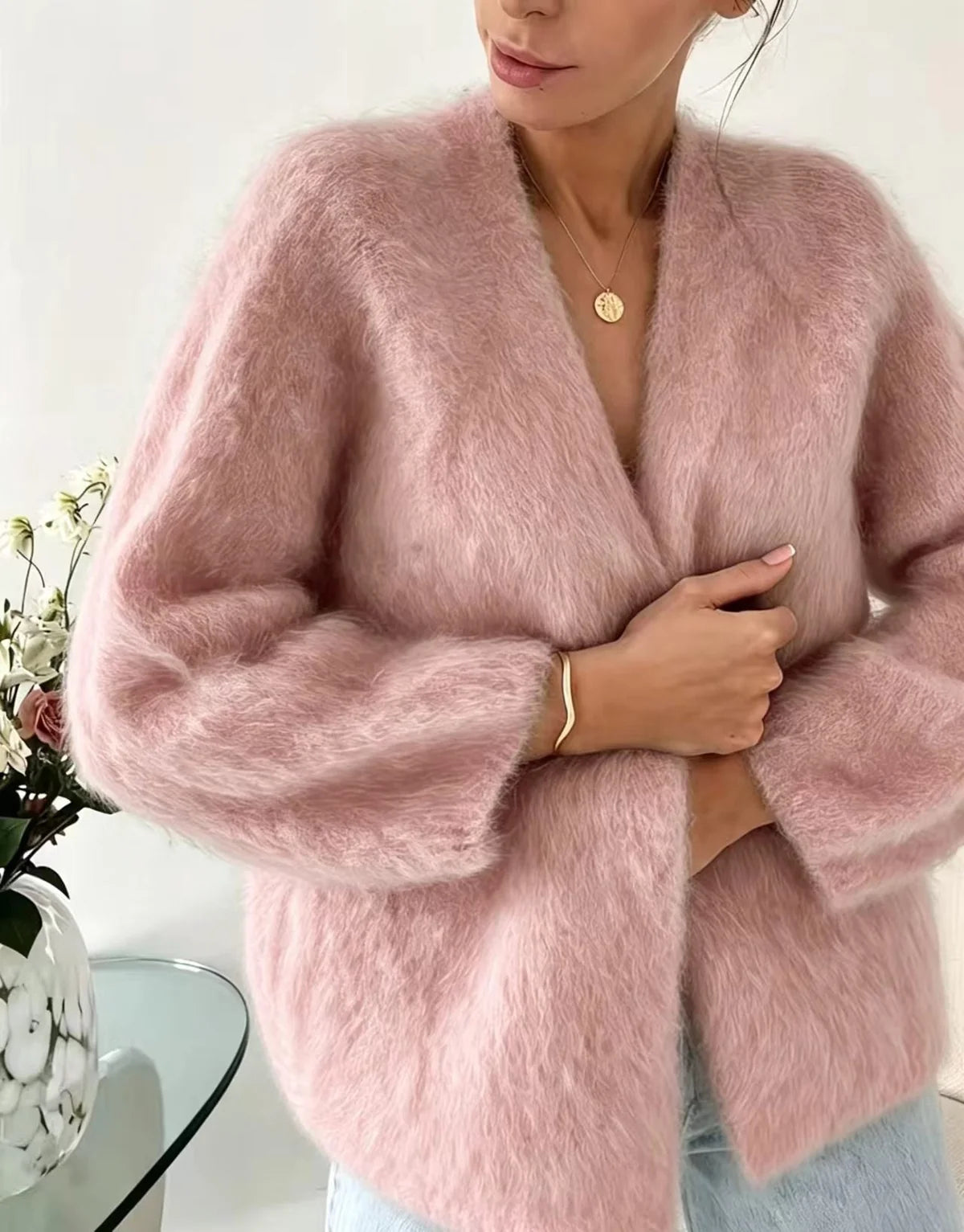 Fuzzy Cardigan – Khaki Oversized Mohair Look Cardigan Sweater