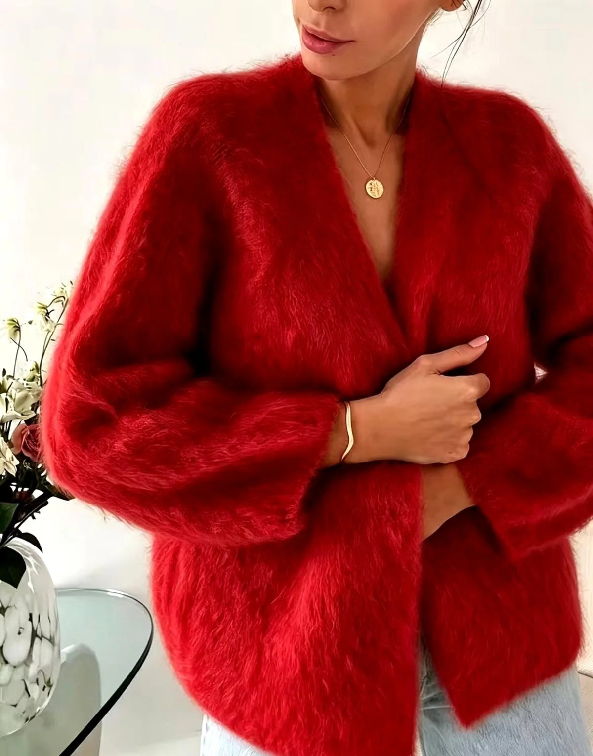 Fuzzy Cardigan – Khaki Oversized Mohair Look Cardigan Sweater
