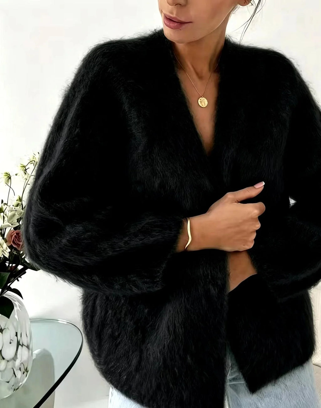 Fuzzy Cardigan – Khaki Oversized Mohair Look Cardigan Sweater