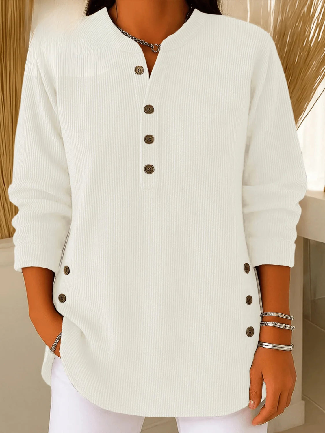 womens knit henley top – White