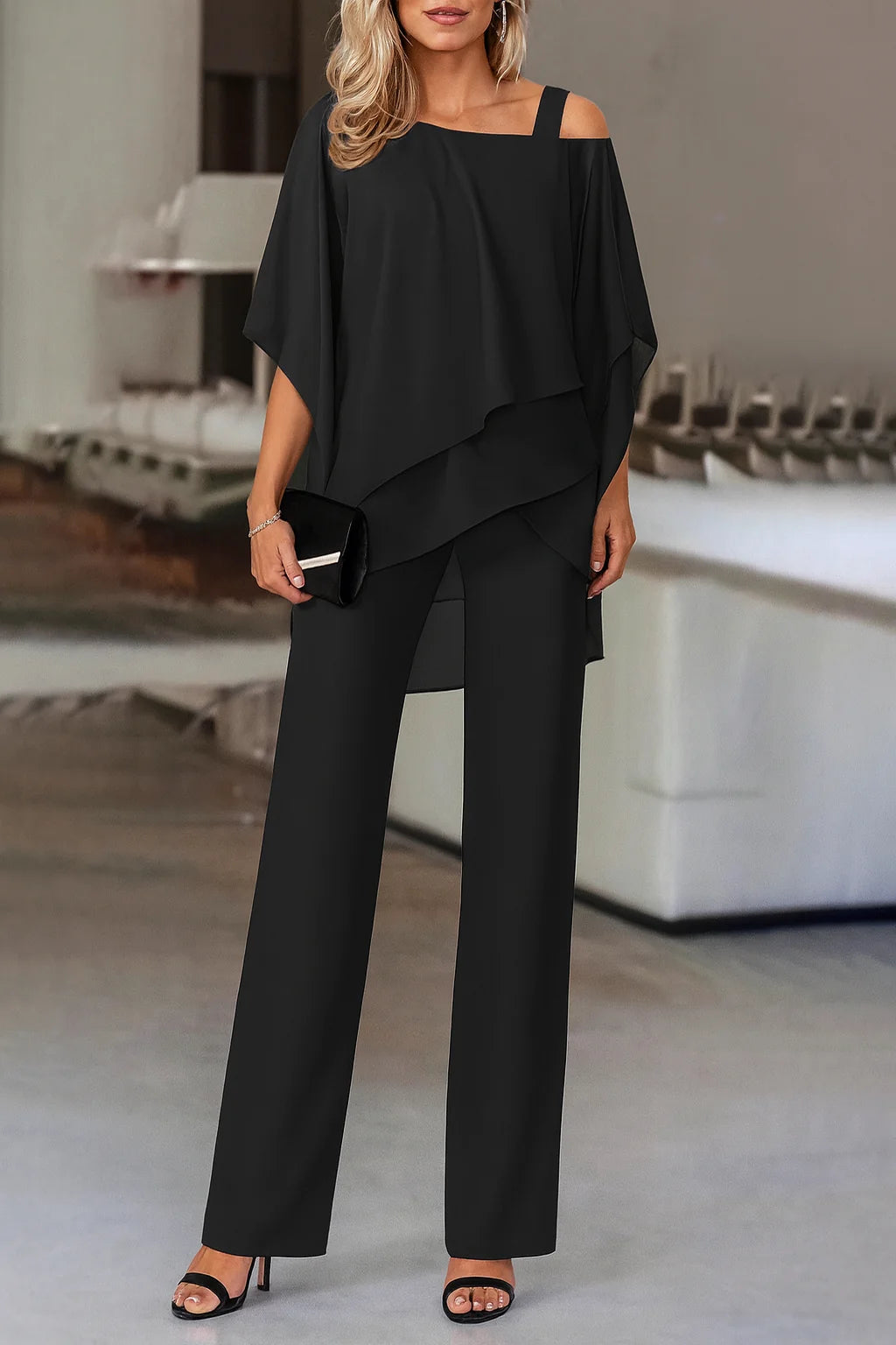 Josette Two Piece Set for Women - Cold Shoulder Top and Wide Leg Pants