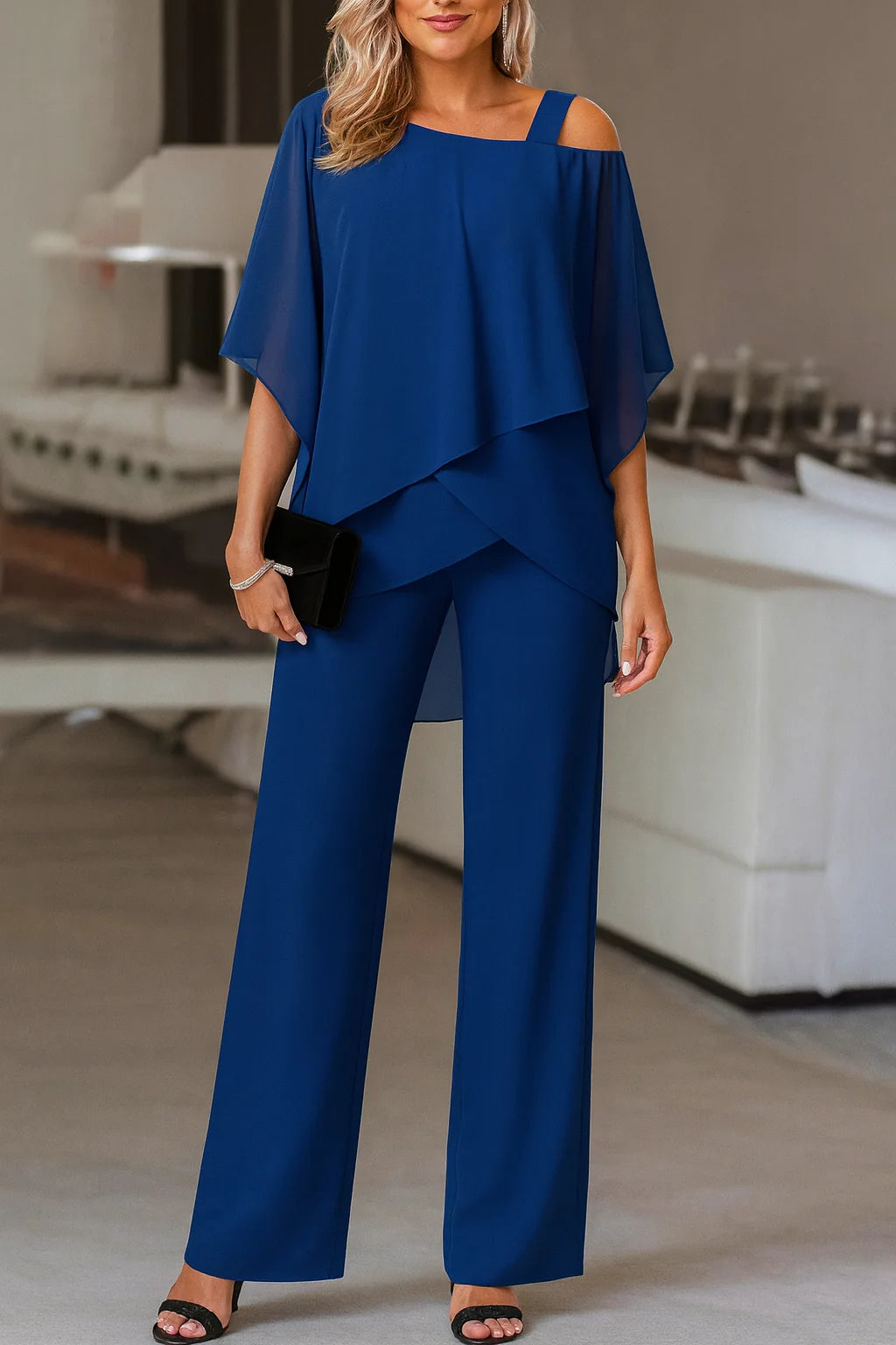 Josette Two Piece Set for Women - Cold Shoulder Top and Wide Leg Pants