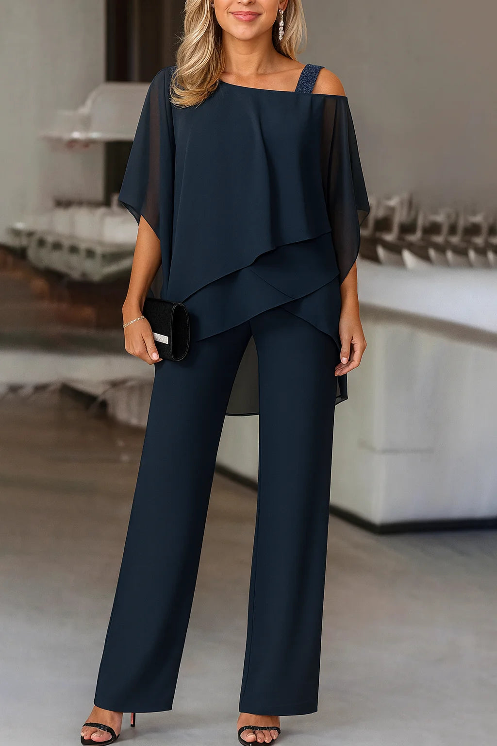 Josette Two Piece Set for Women - Cold Shoulder Top and Wide Leg Pants