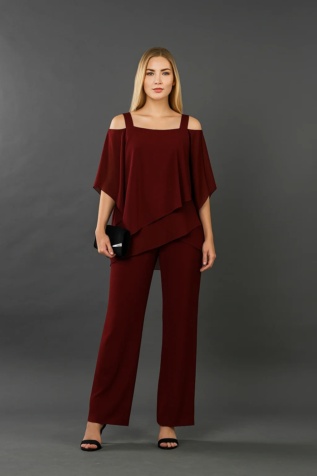 Josette Two Piece Set for Women - Cold Shoulder Top and Wide Leg Pants