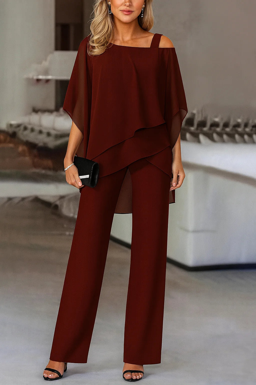 Josette Two Piece Set for Women - Cold Shoulder Top and Wide Leg Pants