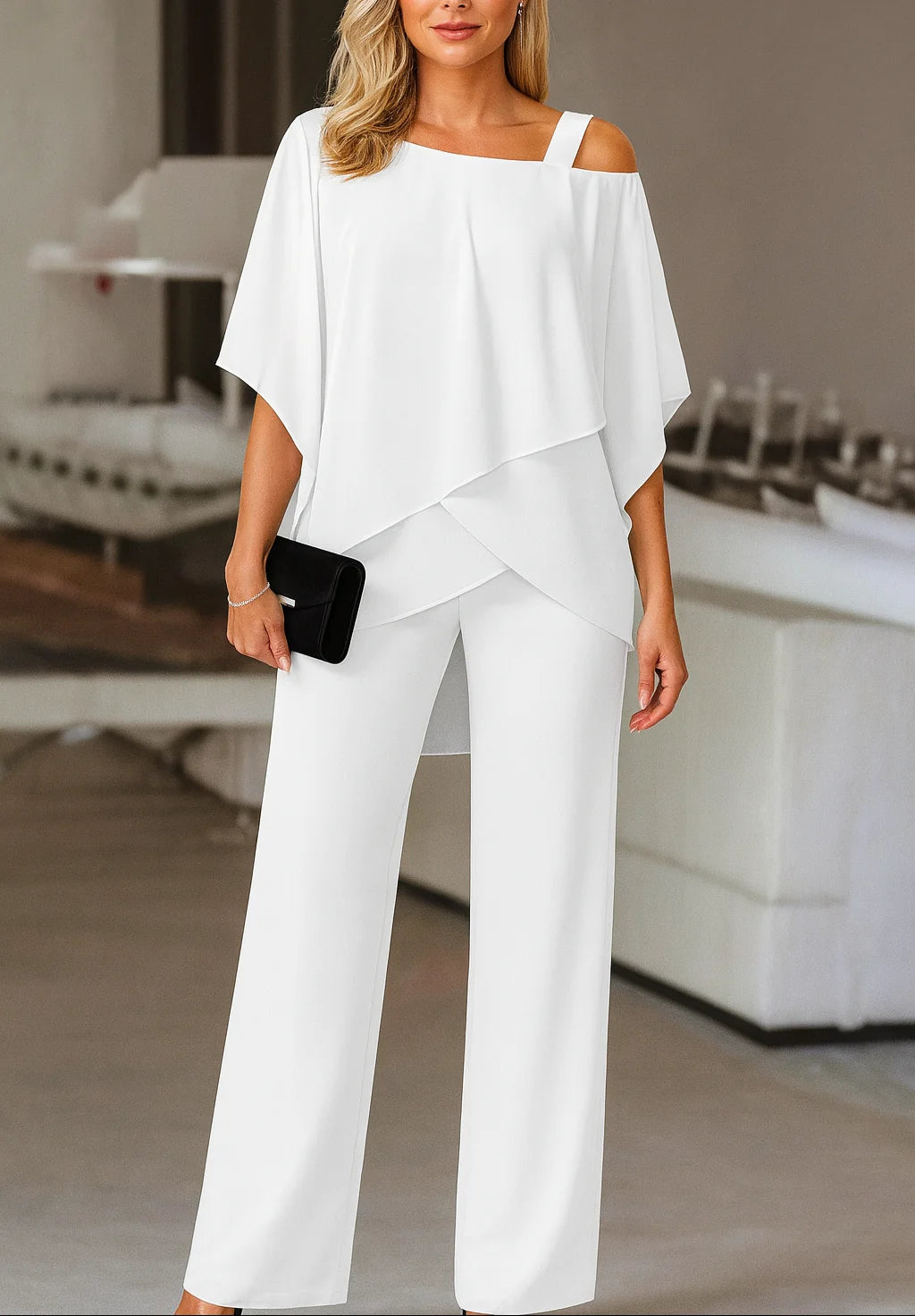 Josette Two Piece Set for Women - Cold Shoulder Top and Wide Leg Pants