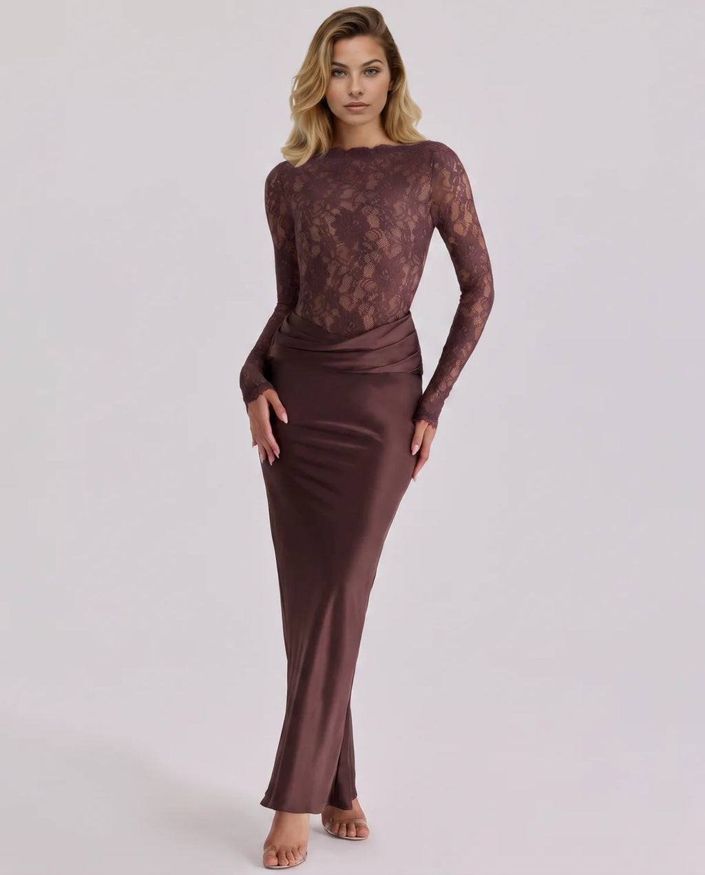 Lace Maxi Dress with Long Sleeves and Satin Skirt