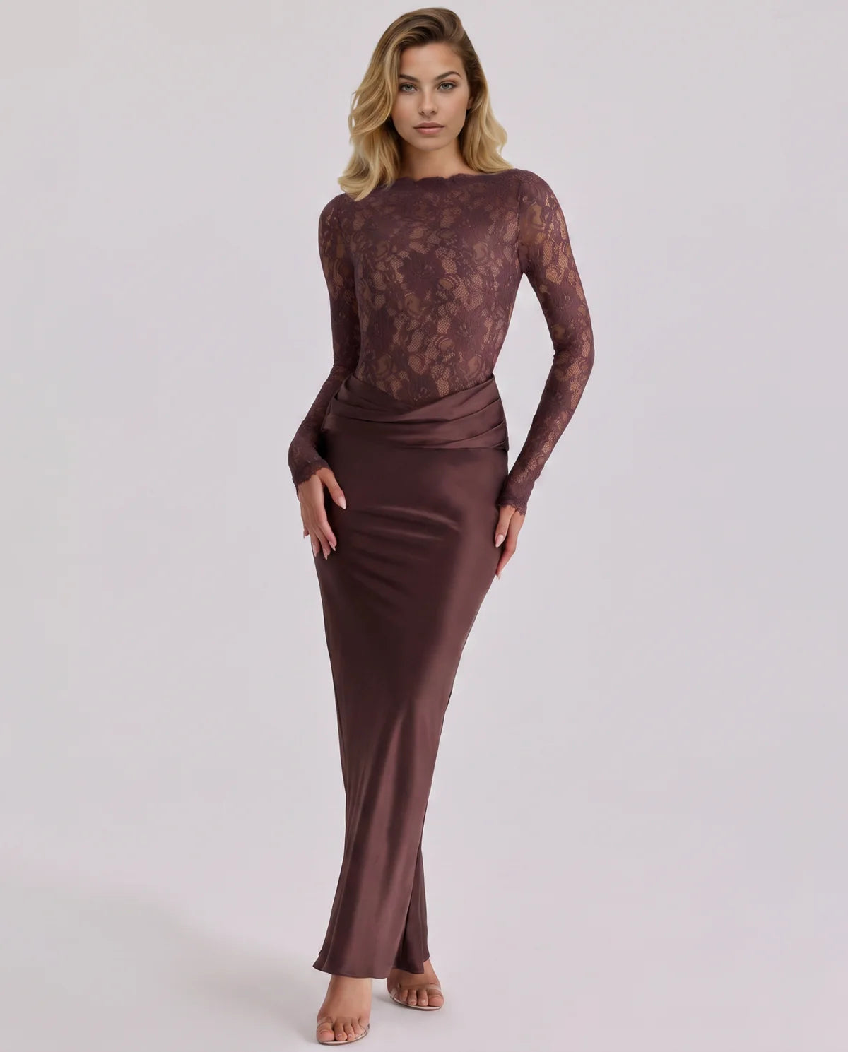 Lace Maxi Dress with Long Sleeves and Satin Skirt