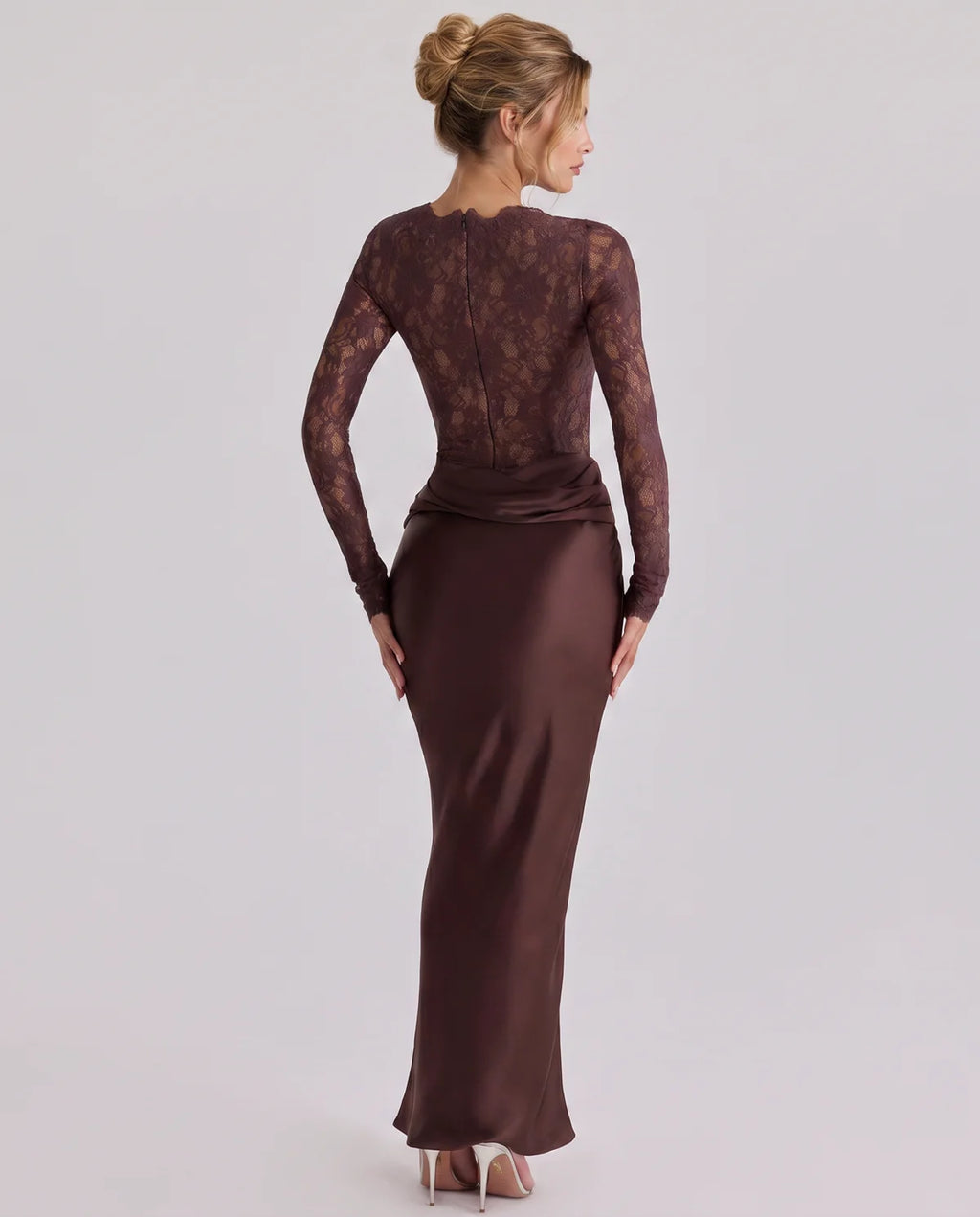 Lace Maxi Dress with Long Sleeves and Satin Skirt