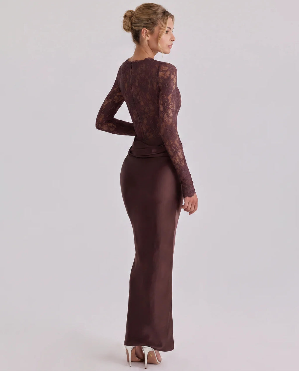 Lace Maxi Dress with Long Sleeves and Satin Skirt