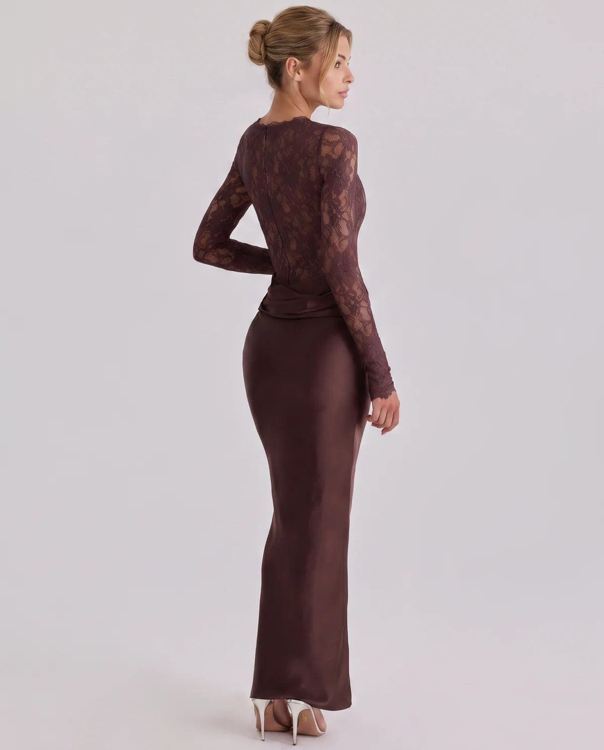 Lace Maxi Dress with Long Sleeves and Satin Skirt