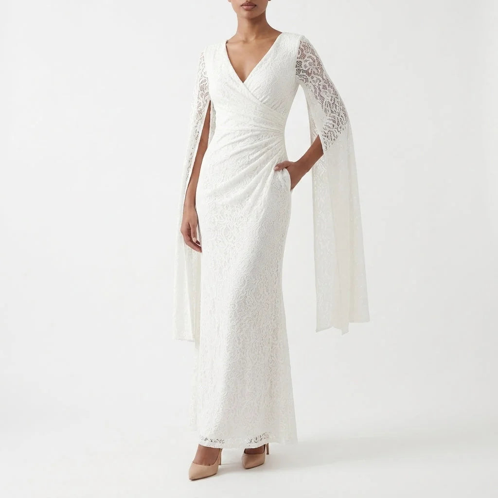 Lace Maxi Dress Wrap Front with Long Cape Sleeves