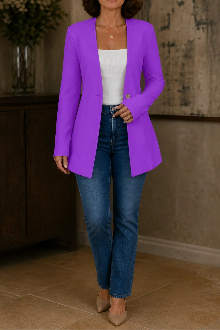 Linden Longline Blazer for Women - V-Neck Single Button A-Line