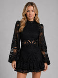 Long Sleeve Lace Mini Dress with High Neck