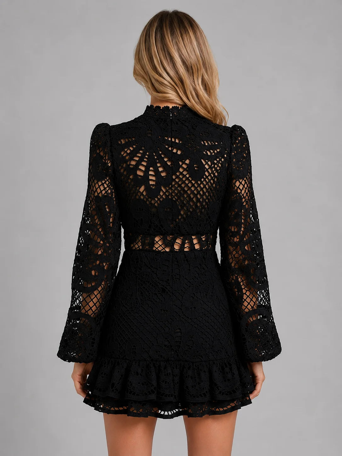 Long Sleeve Lace Mini Dress with High Neck