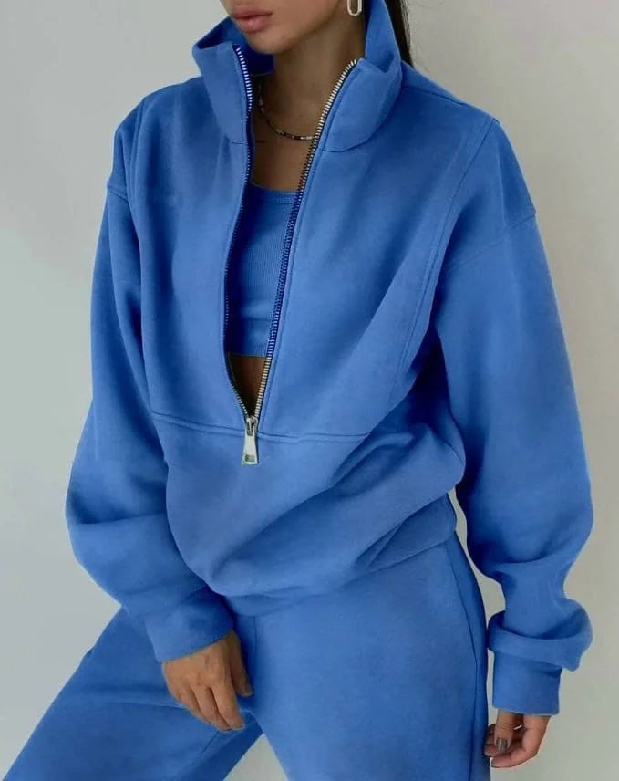 Loungewear Set – Sage Green Oversized Zip-Neck Top and Pants