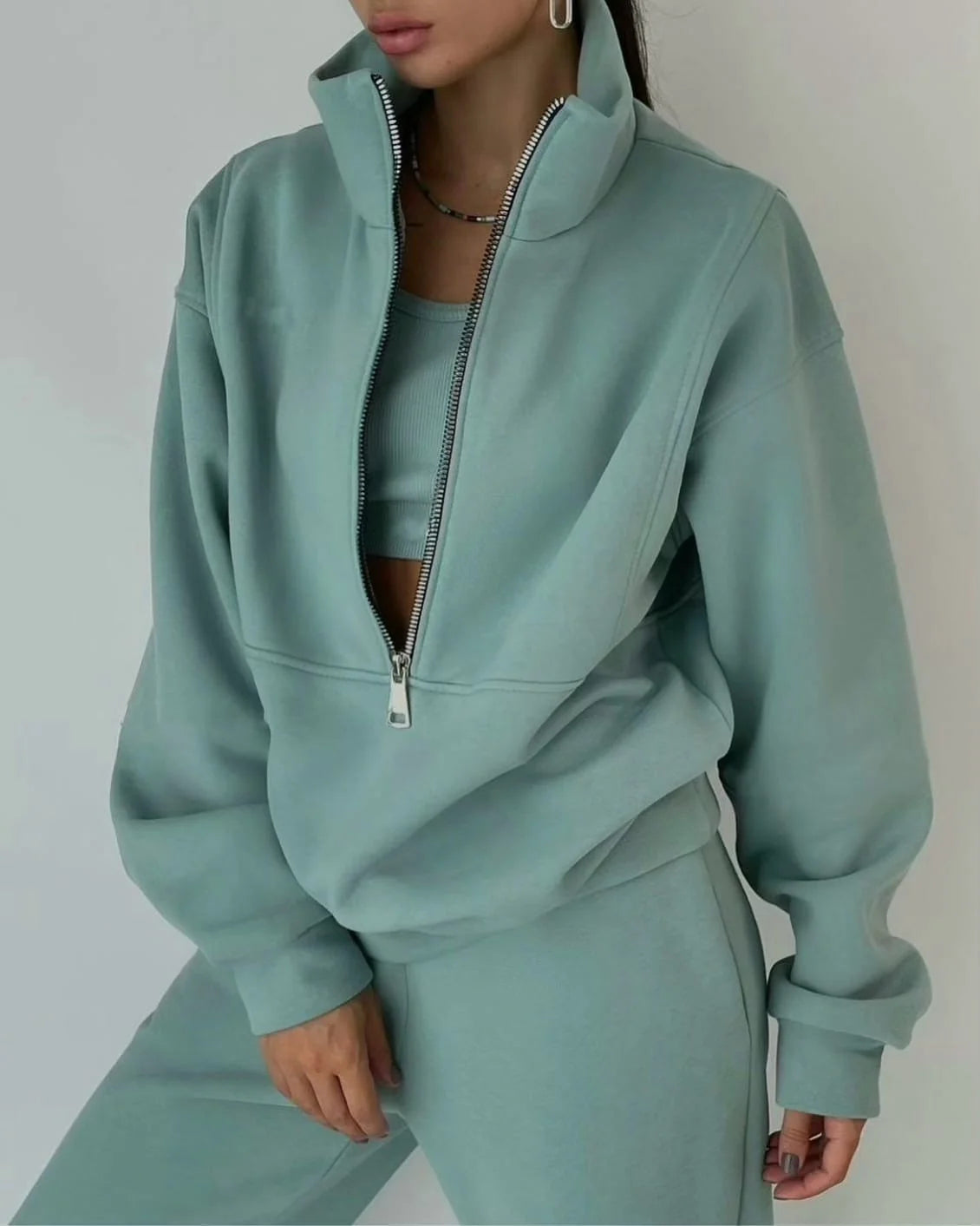 Loungewear Set – Sage Green Oversized Zip-Neck Top and Pants