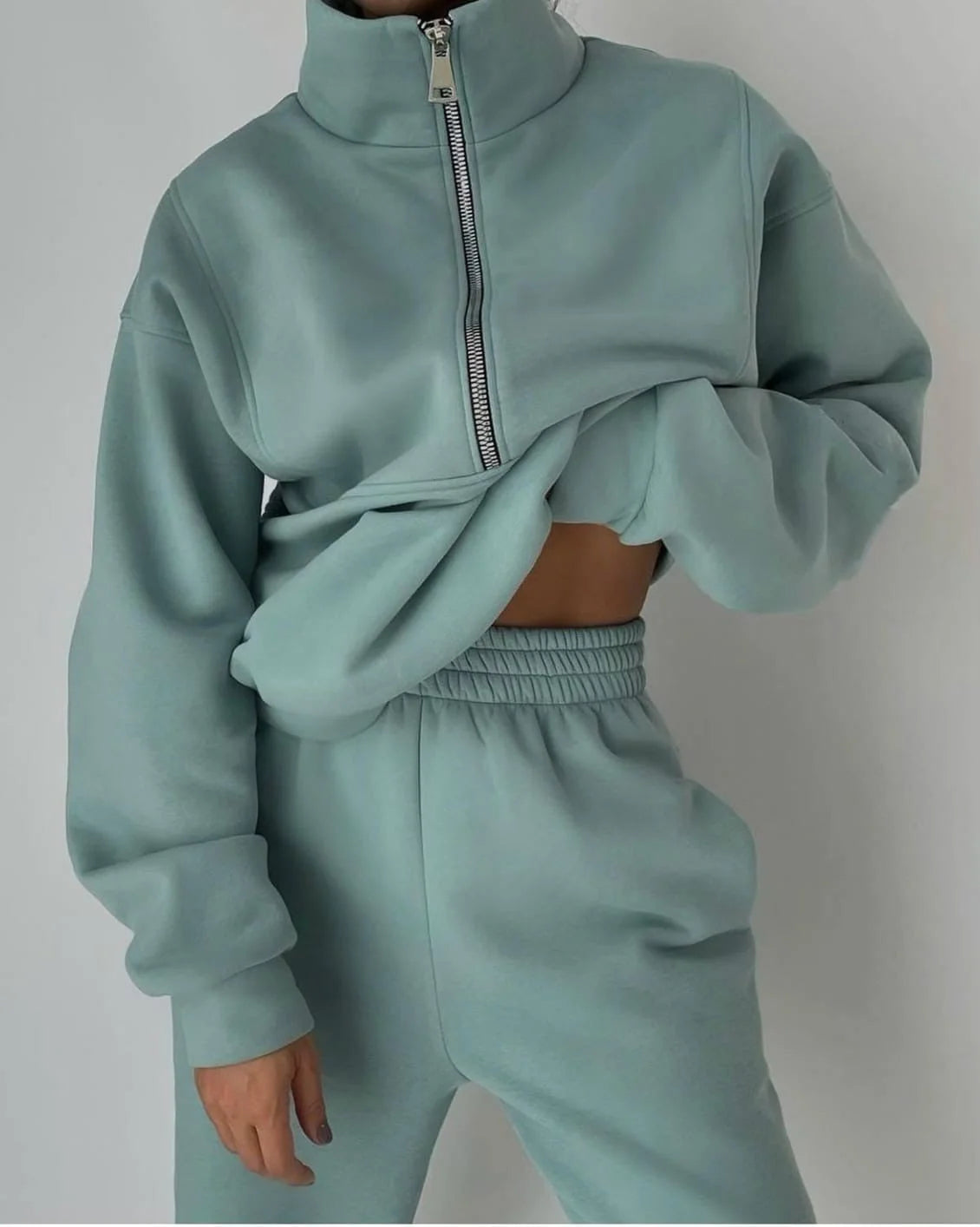 Loungewear Set – Sage Green Oversized Zip-Neck Top and Pants