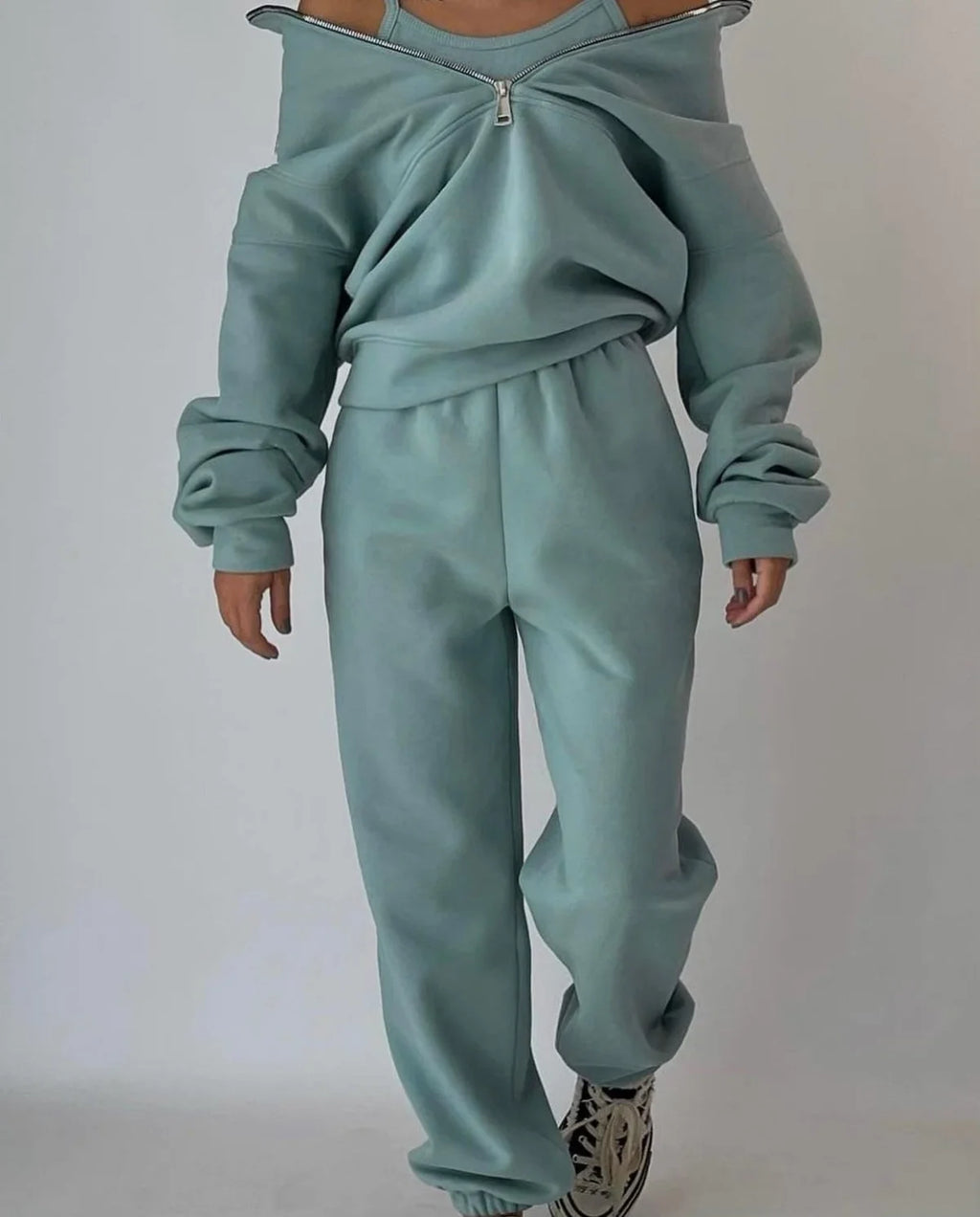 Loungewear Set – Sage Green Oversized Zip-Neck Top and Pants