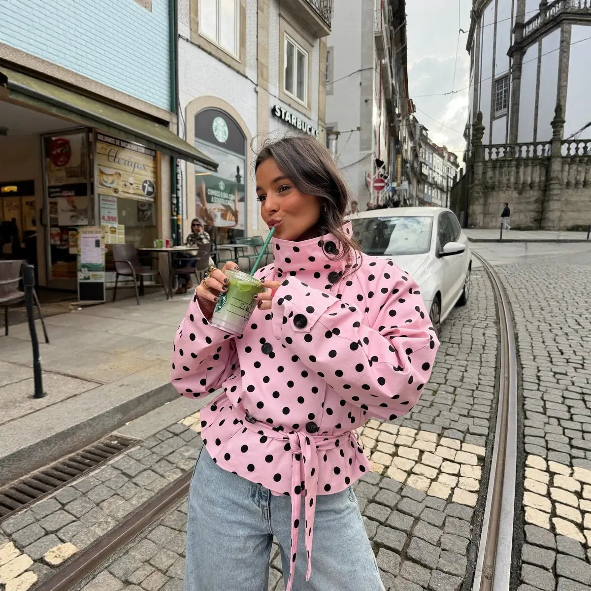Pink Polka Dot Jacket – Belted Trench Jacket