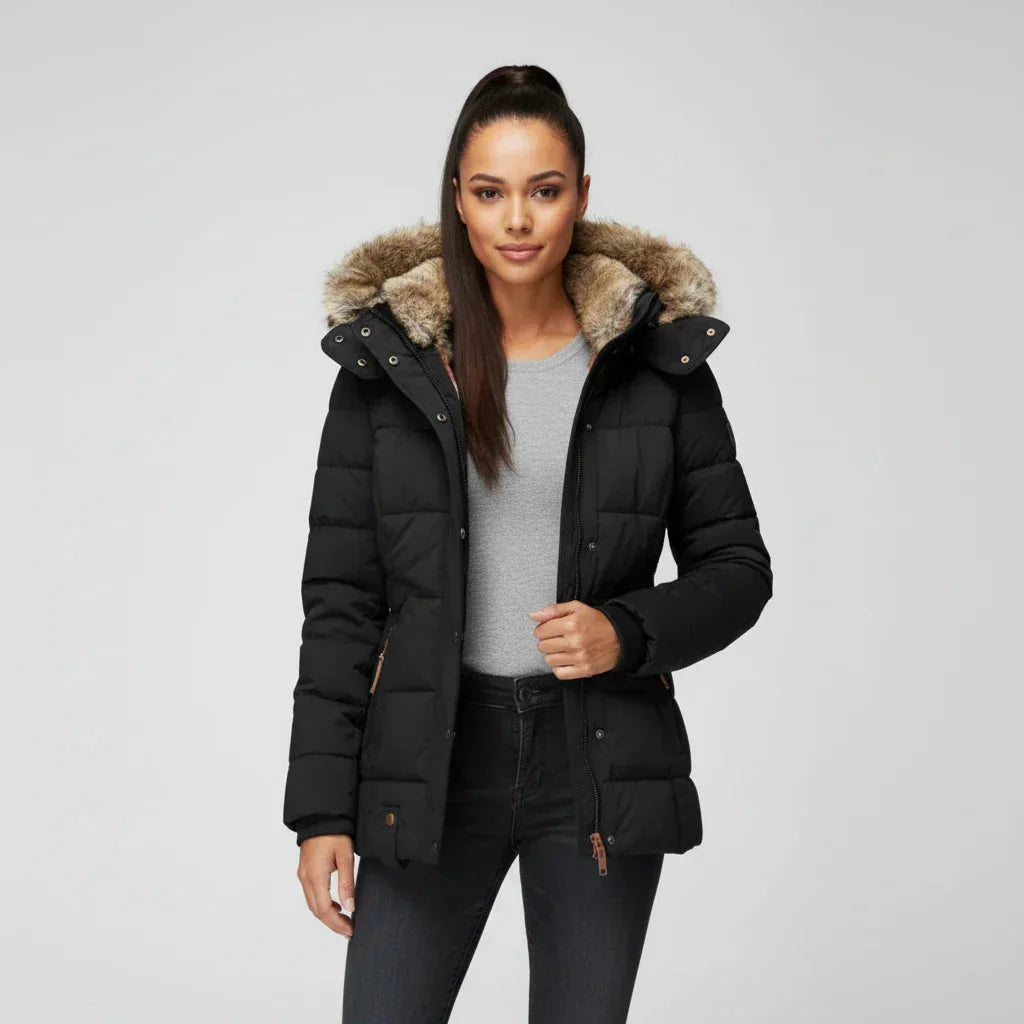 Puffer Jacket – Black Faux-Fur Hooded Quilted Hip-Length