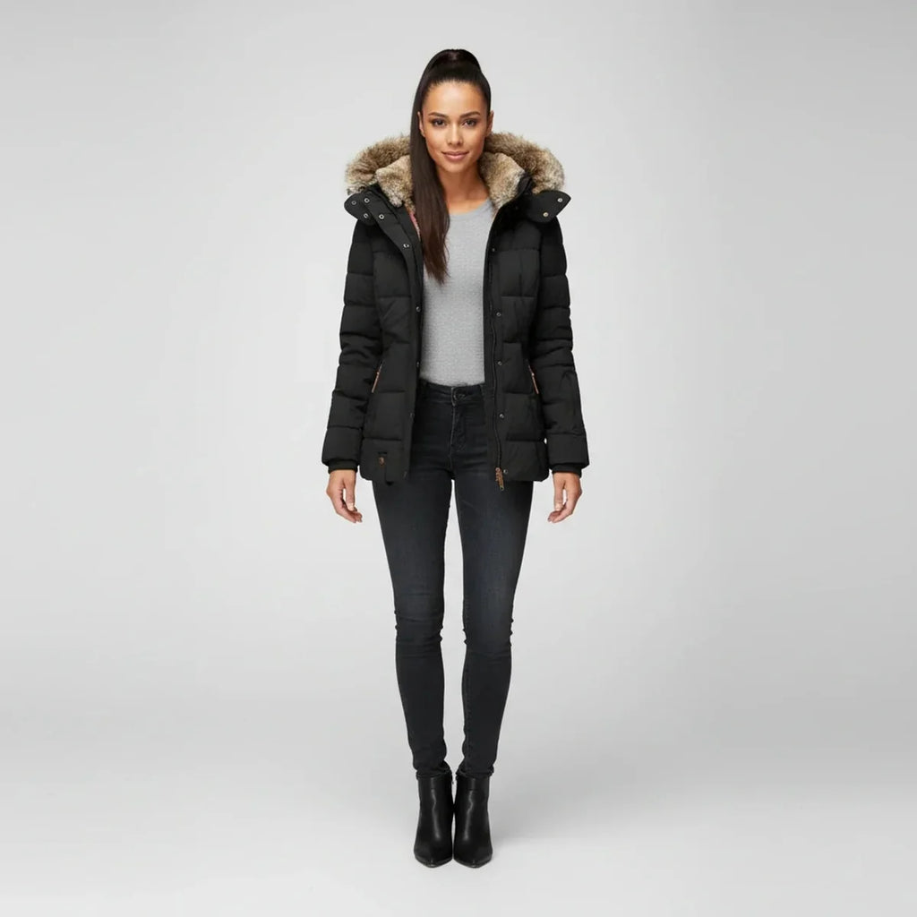 Puffer Jacket – Black Faux-Fur Hooded Quilted Hip-Length