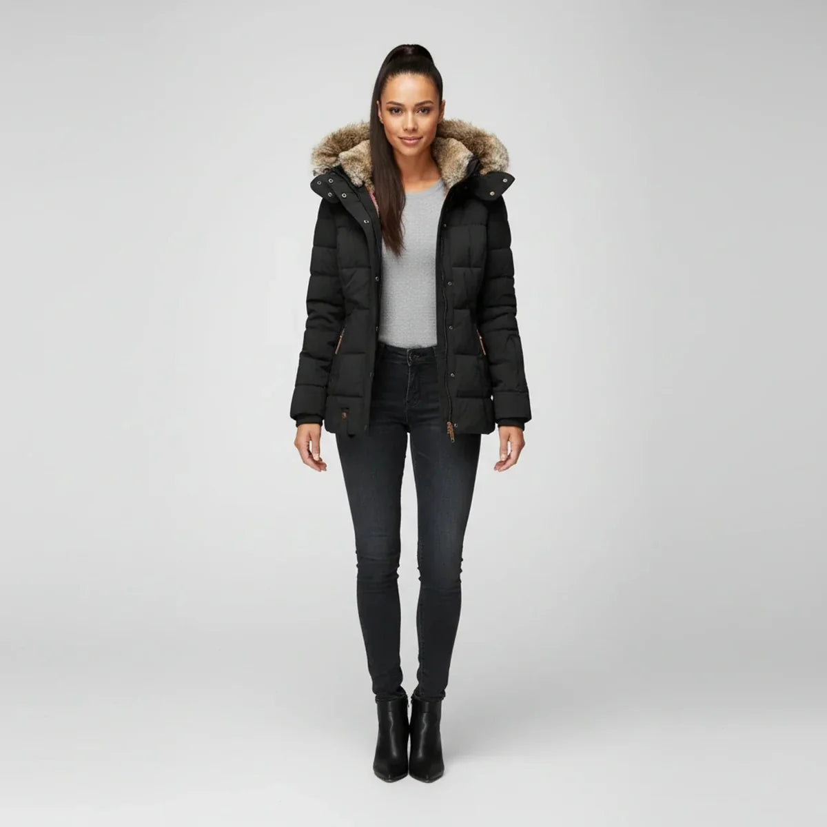 Puffer Jacket – Black Faux-Fur Hooded Quilted Hip-Length