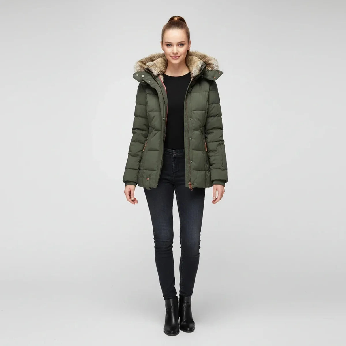 Puffer Jacket – Black Faux-Fur Hooded Quilted Hip-Length