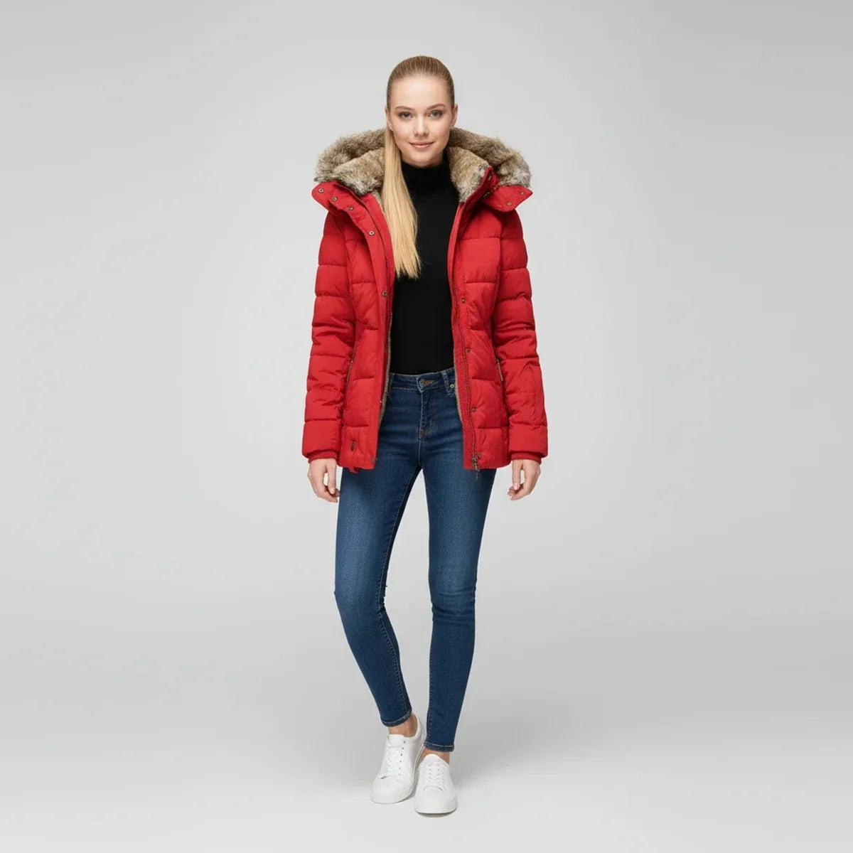Puffer Jacket – Black Faux-Fur Hooded Quilted Hip-Length