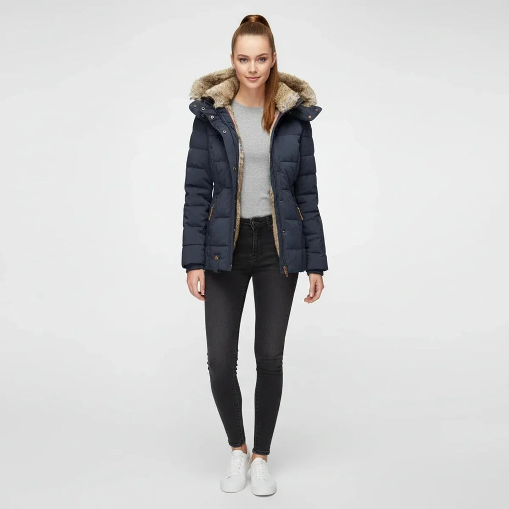 Puffer Jacket – Black Faux-Fur Hooded Quilted Hip-Length
