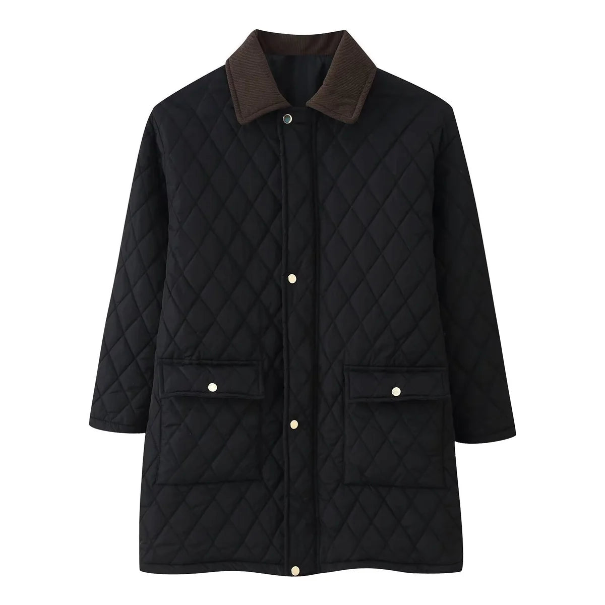 Quilted Coat with Corduroy Collar Check Quilting