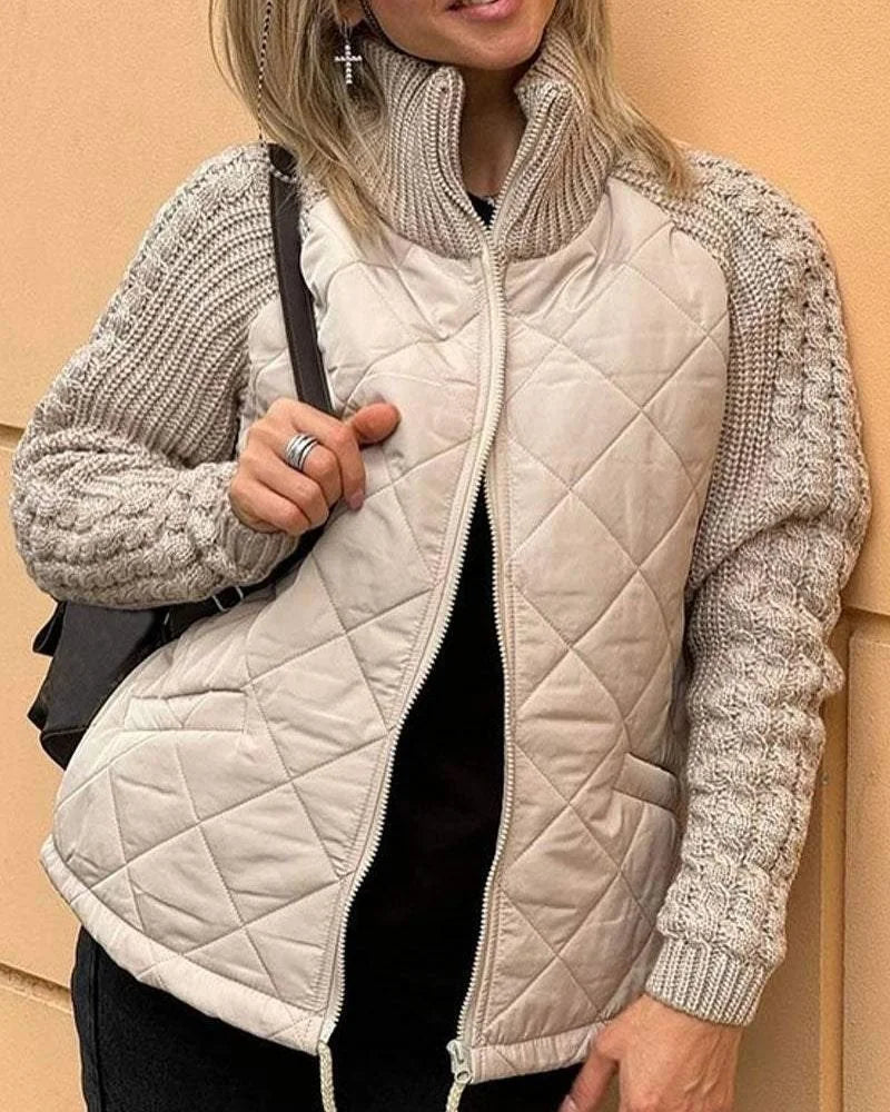 Quilted Zip Jacket – Beige Cable-Knit Sleeves Funnel Collar