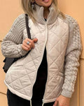 Quilted Zip Jacket – Beige Cable-Knit Sleeves Funnel Collar